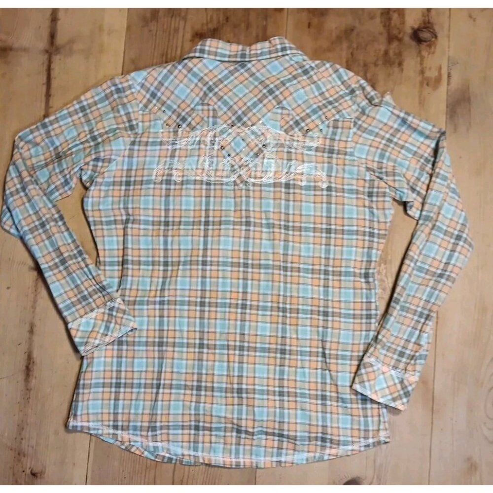 Wrangler Rock 47 Womens L Shirt Plaid Rhinestone Snap Front Embroidered Cotton - Picture 2 of 9